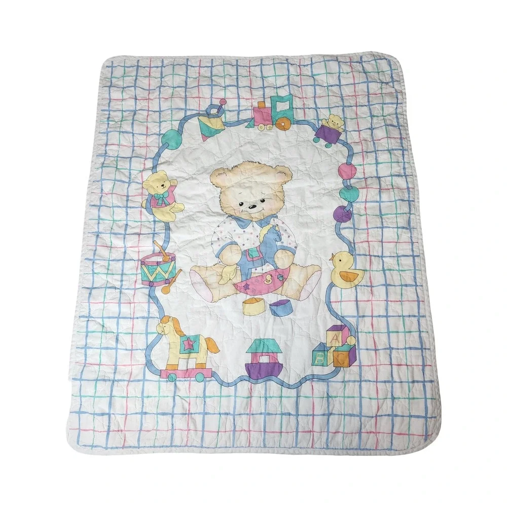 Vintage Teddy Bear Nursery Baby Quilt Reversible Footprint Grid Pastel 38x32